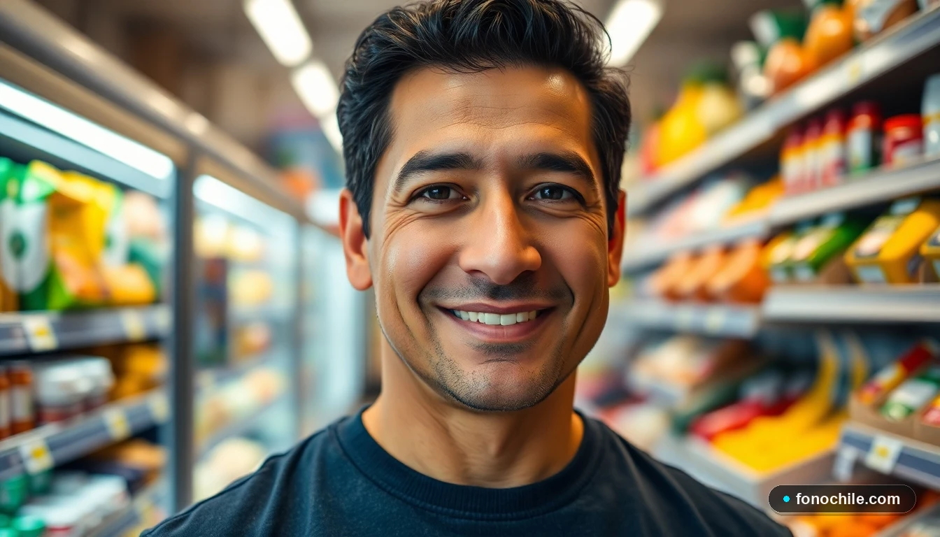Un hombre consulta información en un supermercado Tottus bien surtido y organizado.