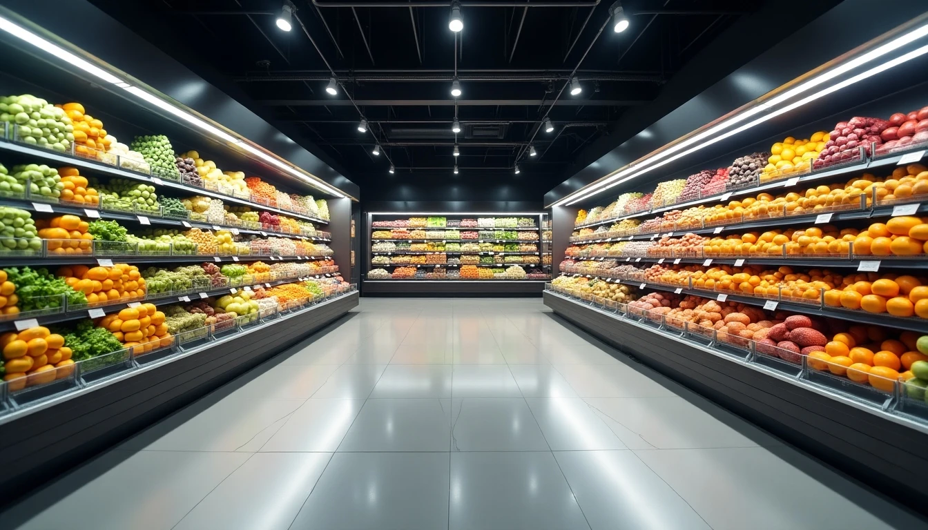 Pasillo moderno y ordenado del supermercado Tottus con frutas y verduras frescas