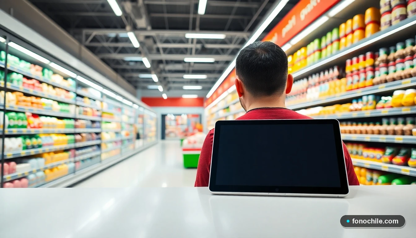 Angulo bajo de pasillo de supermercado Tottus organizado y tecnológico, 2026