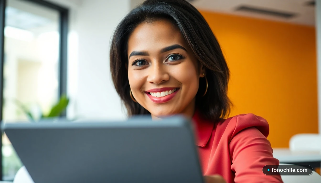 Una profesional de servicio al cliente de Tottus sonriendo, con una tablet en primer plano, en un entorno de oficina moderno.