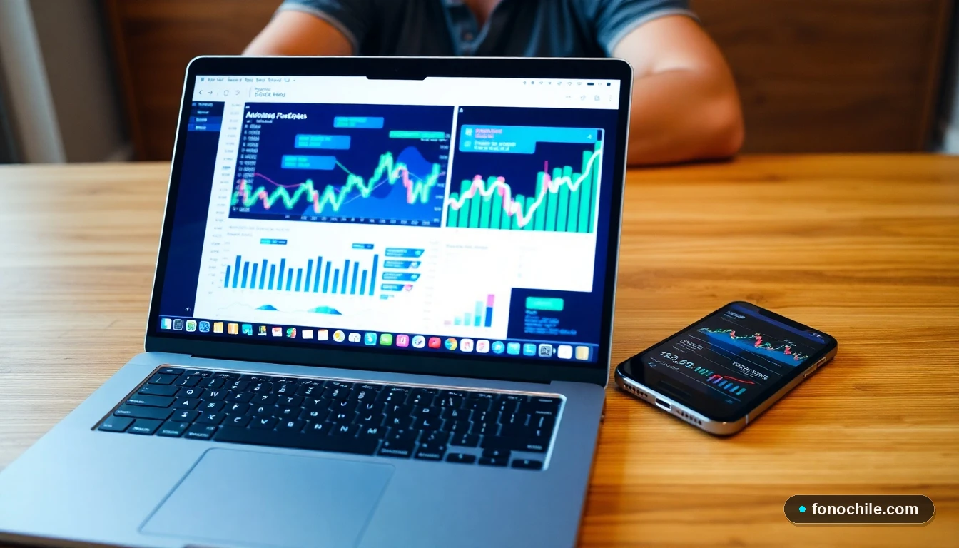 Dispositivos tecnológicos mostrando gráficos abstractos de finanzas personales para gestión bancaria digital.