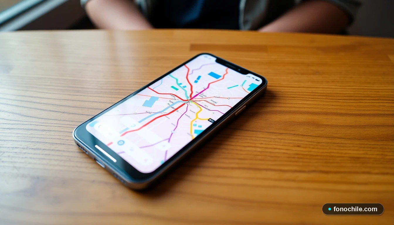 Smartphone mostrando un mapa de rutas de transporte público en Santiago hacia la zona de Providencia.