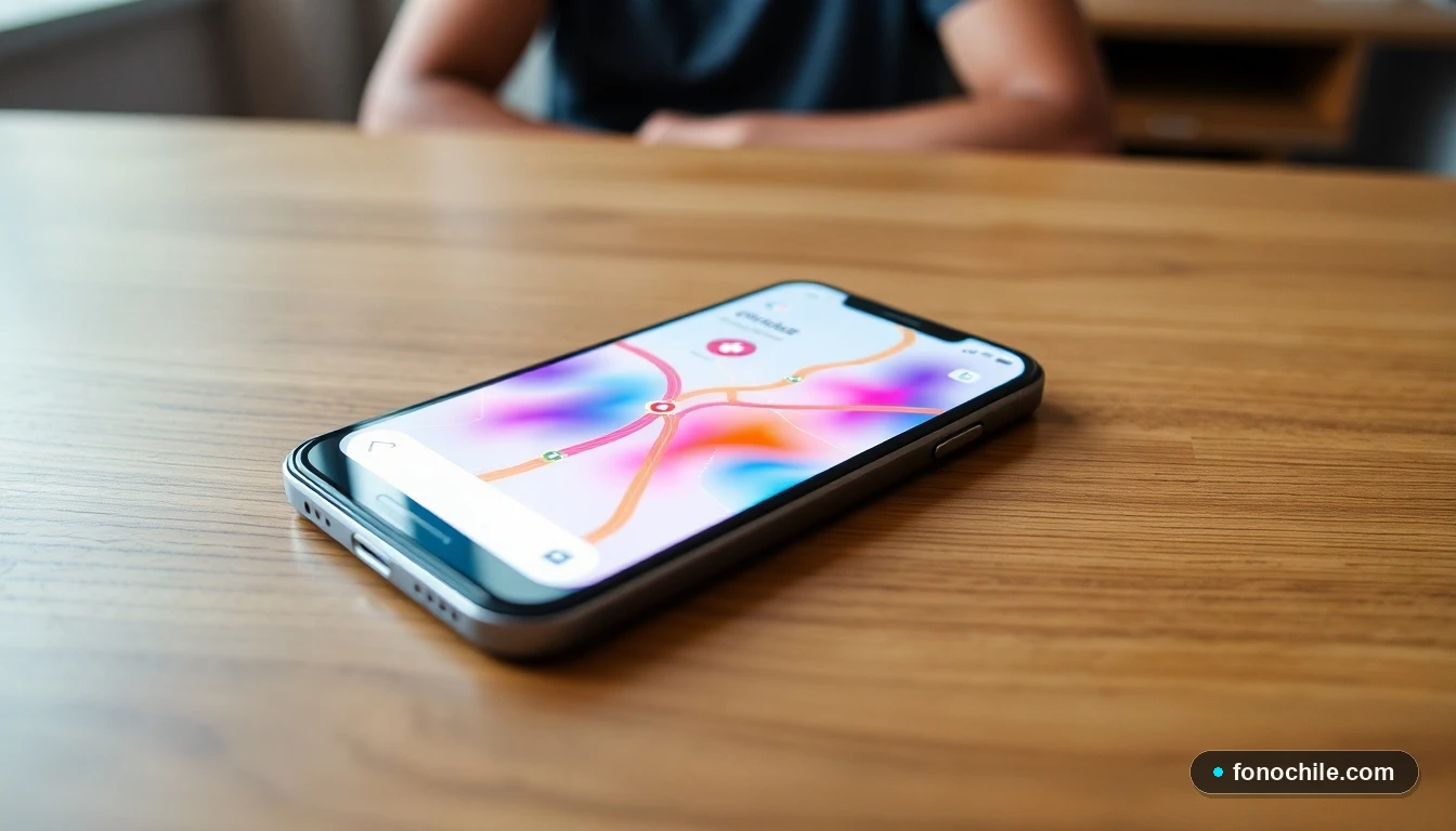 Smartphone mostrando una aplicación con mapa y ruta para servicios de transporte médico de emergencia en Chile.