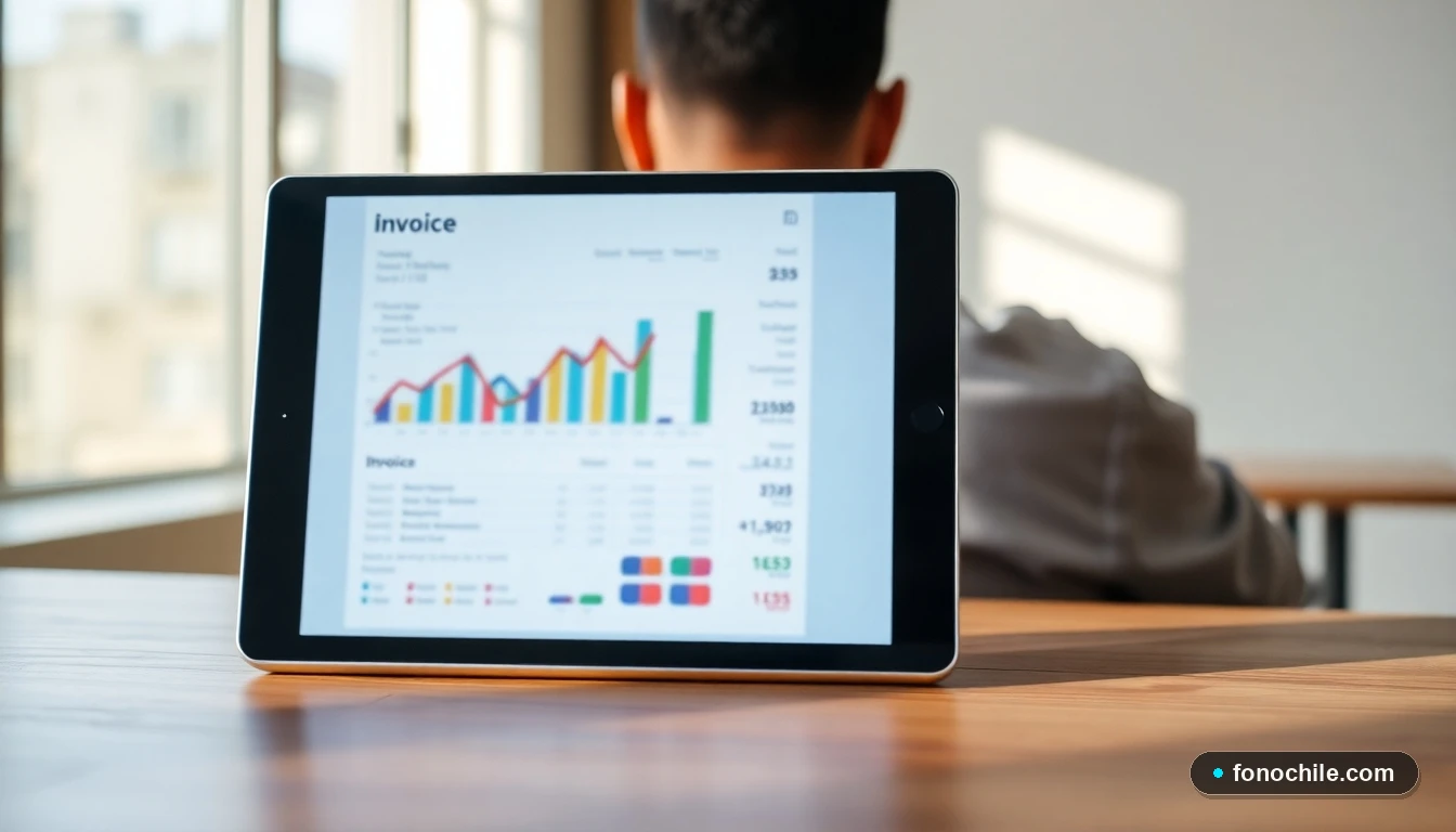 Tableta mostrando un gráfico abstracto de una factura digital con datos de consumo, en un entorno de oficina moderna.