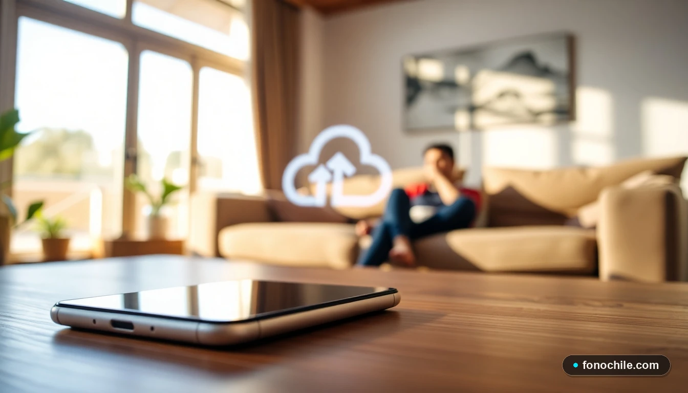 Smartphone moderno realizando una copia de seguridad a la nube en un entorno doméstico seguro en Chile.