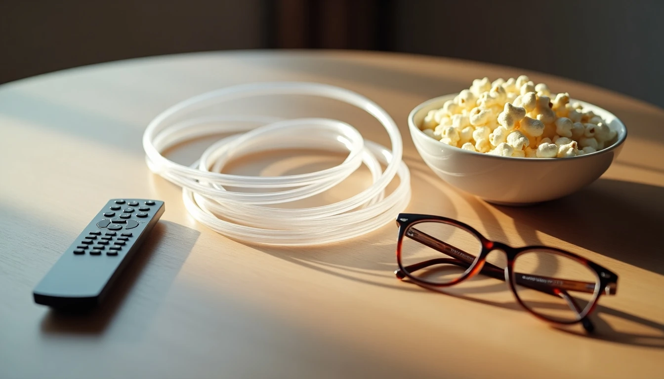 Concepto de entretenimiento en casa: fibra óptica, control remoto y elementos de cine en una composición minimalista.