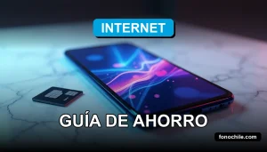 Un teléfono móvil moderno y una tarjeta SIM descansan sobre una mesa de mármol blanco, con gráficos abstractos de colores en la pantalla.