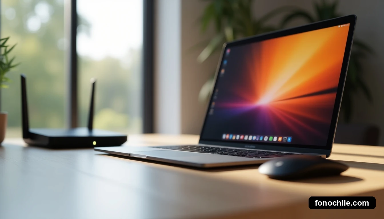 Vista aérea de un escritorio moderno con portátil, ratón y router, organizados de forma minimalista.