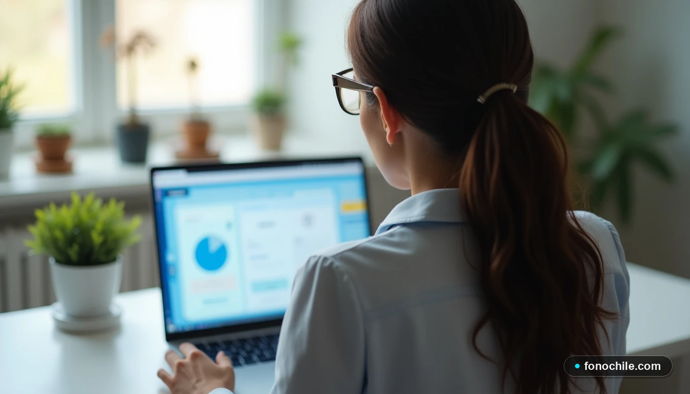 Vista trasera de una profesional en su espacio de trabajo en casa, revisando la interfaz de la sucursal virtual Tu Mundo en su portátil.