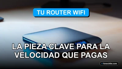 Un moderno router WiFi 2026 sobre una mesa de trabajo minimalista, mostrando luces LED azules y gráficos abstractos en su pantalla.