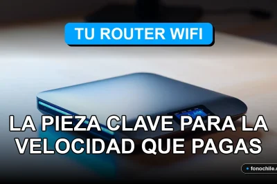 Un moderno router WiFi 2026 sobre una mesa de trabajo minimalista, mostrando luces LED azules y gráficos abstractos en su pantalla.