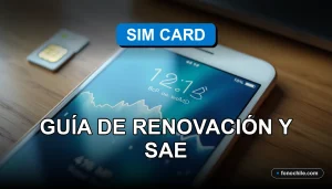 Una nueva tarjeta SIM chilena sobre una mesa de madera, con gráficos abstractos de colores en la pantalla de un teléfono inteligente moderno al lado.