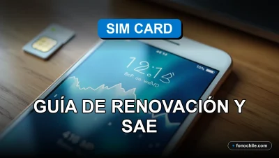 Una nueva tarjeta SIM chilena sobre una mesa de madera, con gráficos abstractos de colores en la pantalla de un teléfono inteligente moderno al lado.