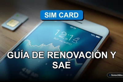 Una nueva tarjeta SIM chilena sobre una mesa de madera, con gráficos abstractos de colores en la pantalla de un teléfono inteligente moderno al lado.