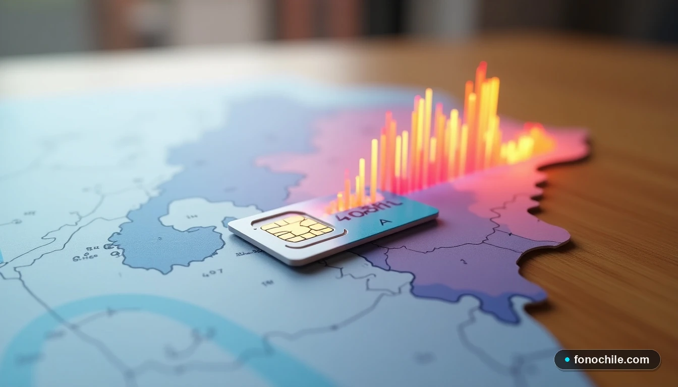 Gráfico de cobertura móvil en Chile con una tarjeta SIM moderna sobre una mesa, representando la conectividad en 2026.