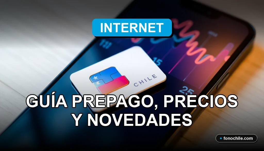 Una moderna tarjeta SIM prepago de Chile sobre una mesa de madera clara, con un teléfono inteligente mostrando gráficos abstractos de colores.