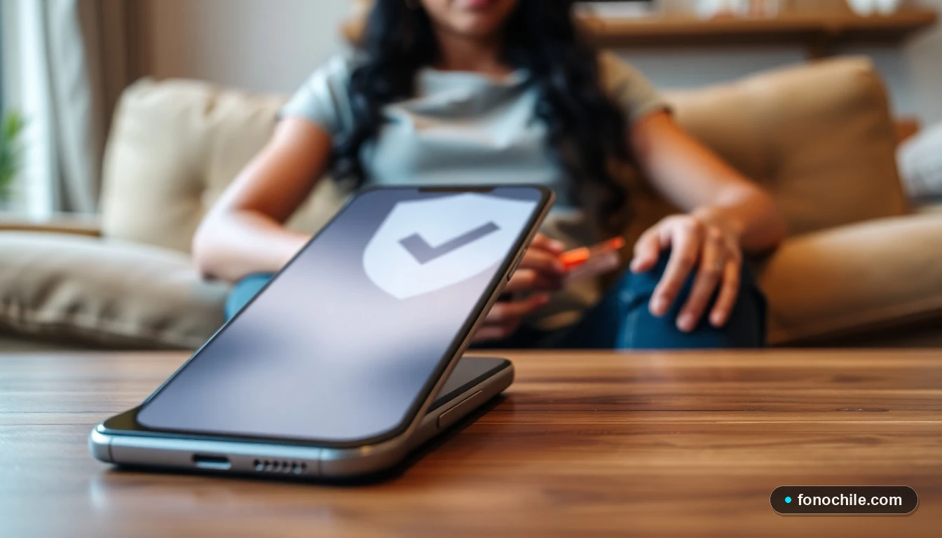 Smartphone en una mesa con símbolo de protección al consumidor, representando los derechos del usuario de telefonía.