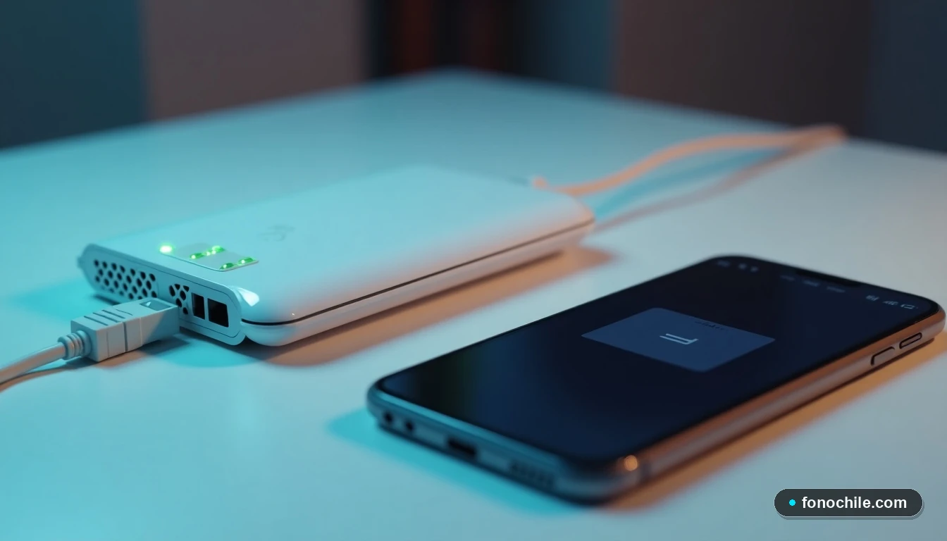 Detalle de módem de fibra óptica y smartphone en mesa para tutorial de configuración de internet.