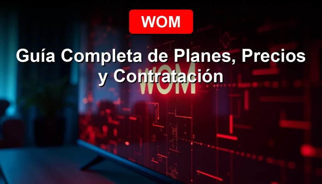 Una mujer joven sonríe mientras observa el menú de TV WOM en una pantalla transparente futurista, con el logo rojo brillante reflejado.