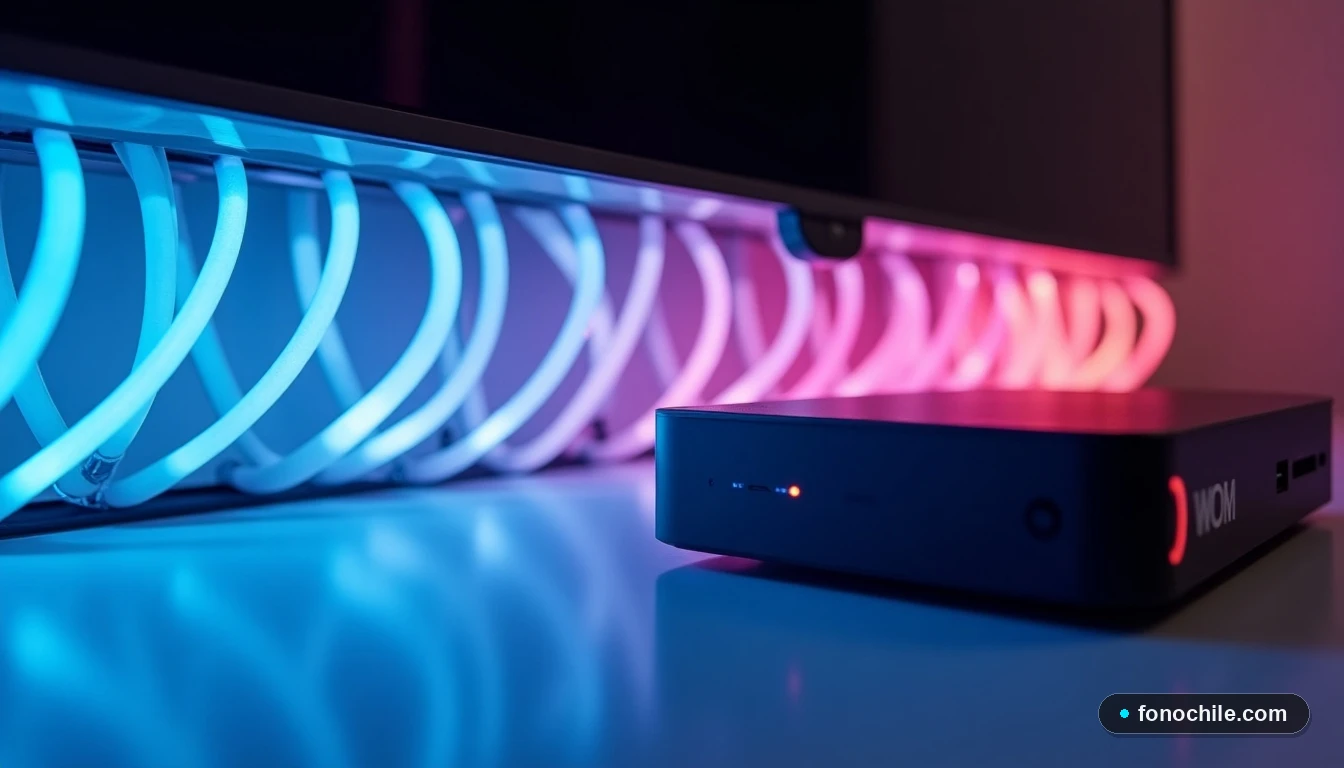 Detalle de conexión de fibra óptica y decodificador WOM para TV con Zapping en un entorno doméstico moderno.