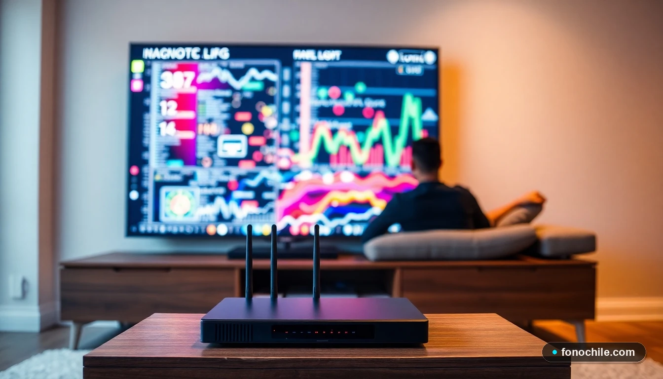 Configuración moderna de TV WOM Fibra en una sala de estar chilena con gráficos de datos abstractos en pantalla.