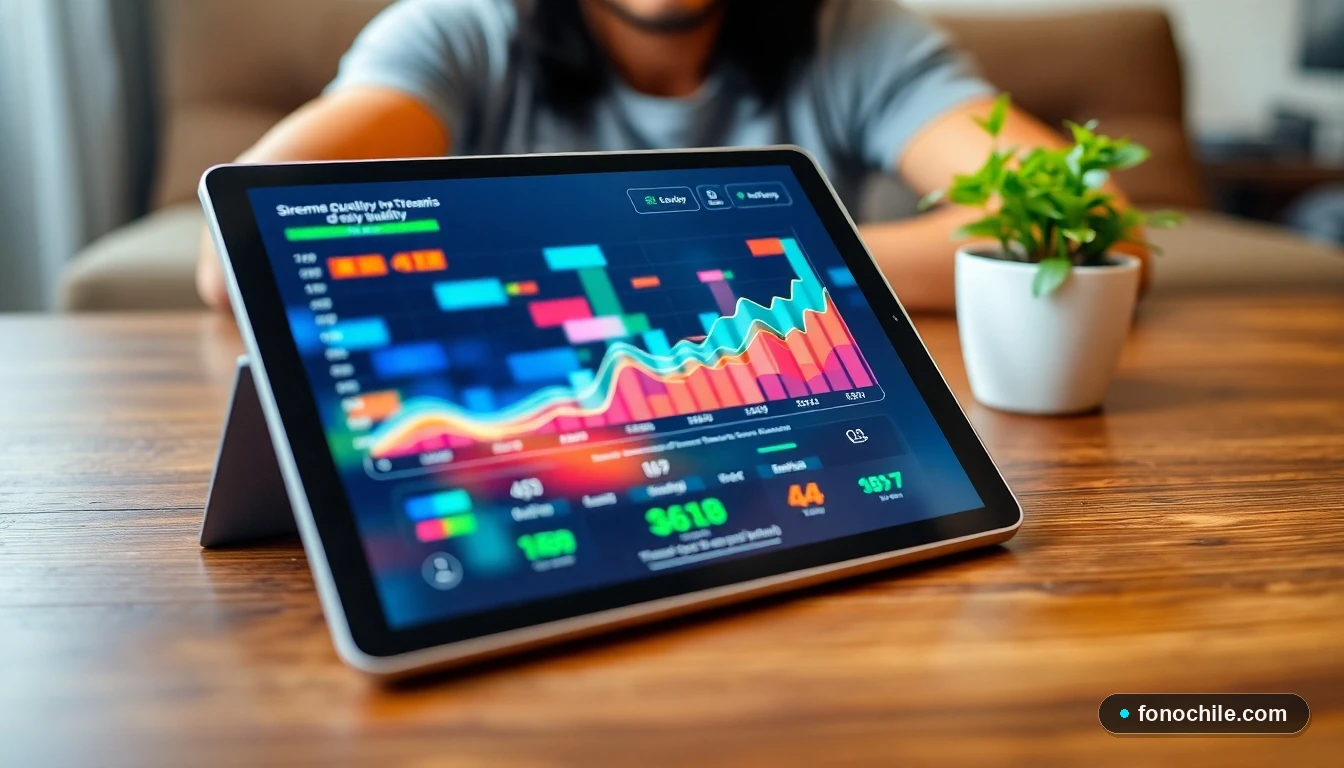 Gráfico abstracto de colores mostrando la calidad de transmisión y velocidad de fibra óptica en una tableta.