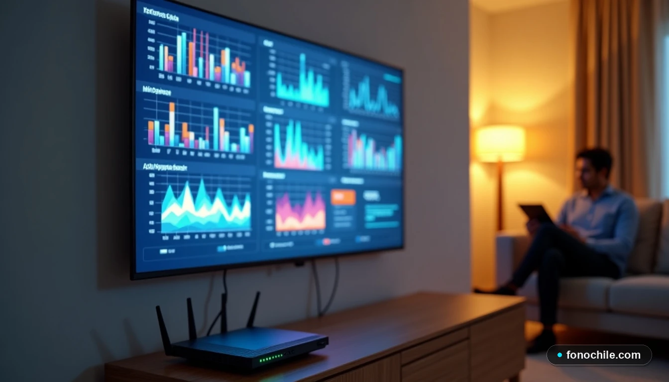 Configuración moderna de sala con televisor mostrando gráficos de datos y dispositivos de fibra óptica sobre un mueble.