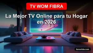 Una familia disfruta de TV WOM Fibra, el mejor servicio de televisión online en 2026, con una interfaz holográfica en su sala moderna.