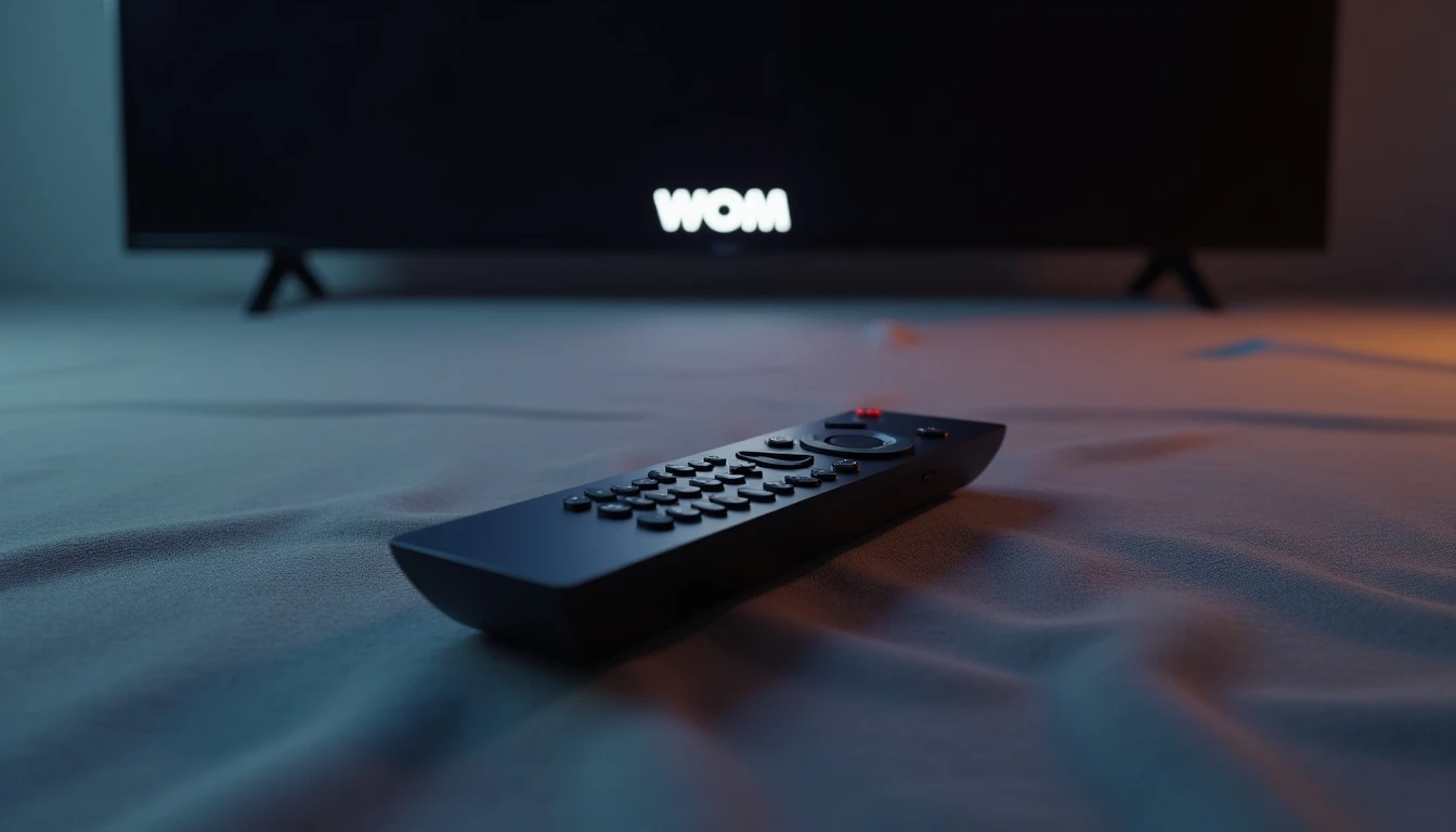 Control remoto moderno frente a una pantalla de televisor con el logo WOM, representando el servicio de TV por fibra óptica.