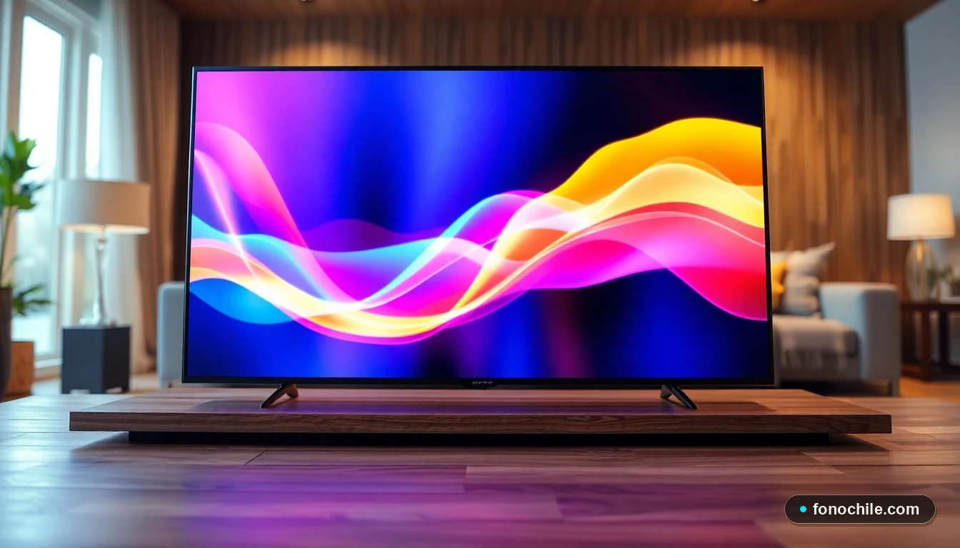 Interfaz abstracta de colores en una Smart TV moderna mostrando una aplicación de streaming, sobre una mesa de madera.