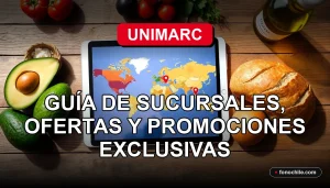 Guía de Sucursales y Ofertas Unimarc 2026 sobre mesa de madera con productos frescos.