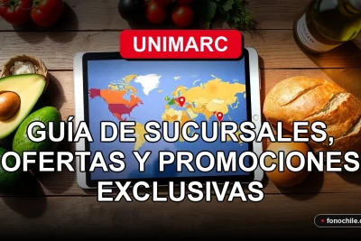 Guía de Sucursales y Ofertas Unimarc 2026 sobre mesa de madera con productos frescos.