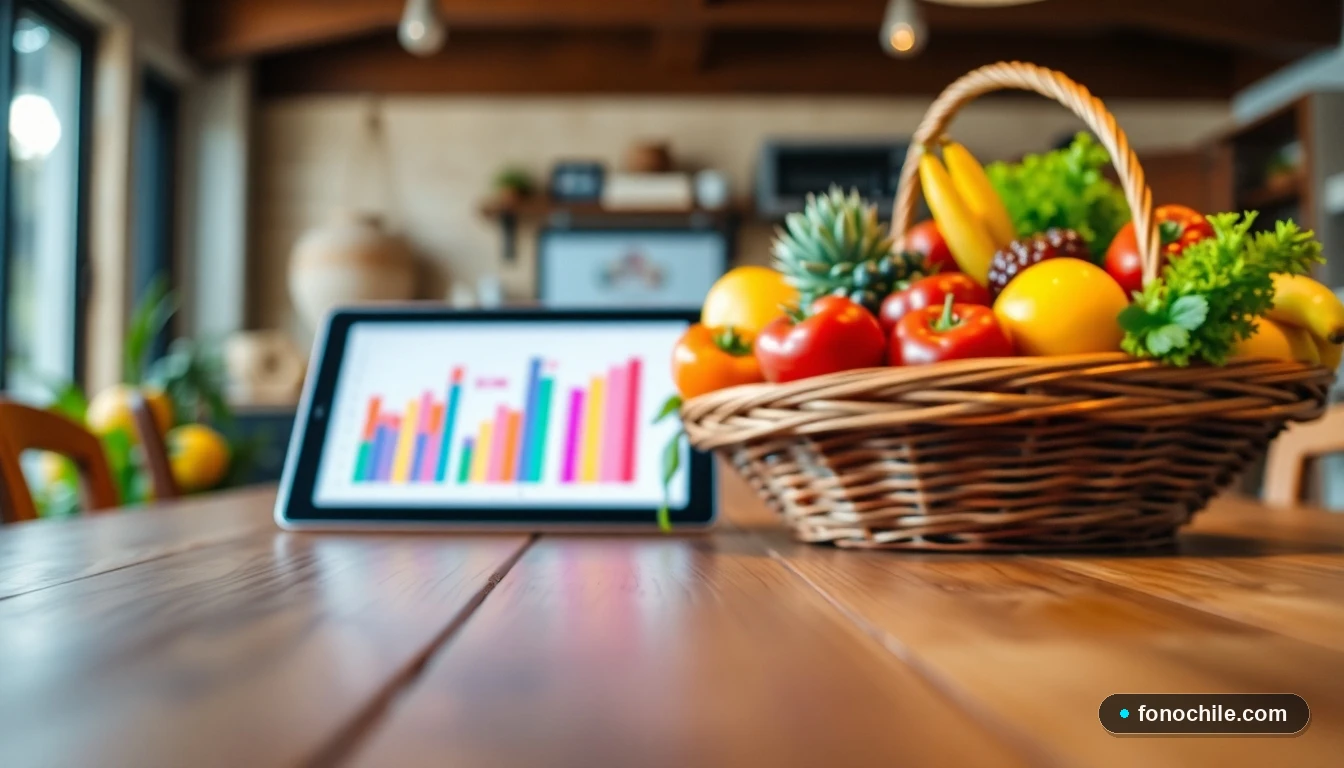 Primer plano de frutas y verduras frescas con una tableta mostrando gráficos de ofertas en el fondo desenfocado.