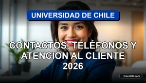 Una mujer hispana, representando el servicio de atención al cliente de la Universidad de Chile, sonríe amablemente en un entorno profesional y moderno.