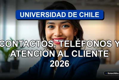 Una mujer hispana, representando el servicio de atención al cliente de la Universidad de Chile, sonríe amablemente en un entorno profesional y moderno.