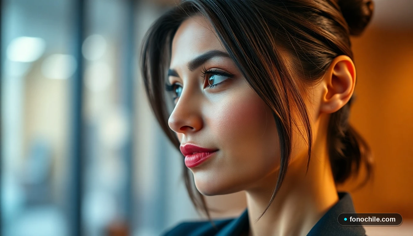 Primer plano de una representante de servicio al cliente de la Universidad de Chile escuchando con atención en un entorno de oficina moderno.