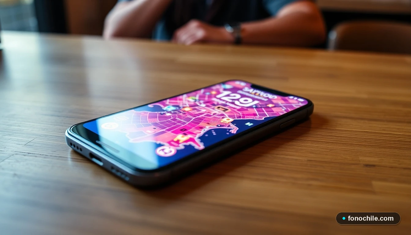 Smartphone mostrando un mapa de Santiago con ubicaciones de clínicas veterinarias de urgencia en colores vibrantes.