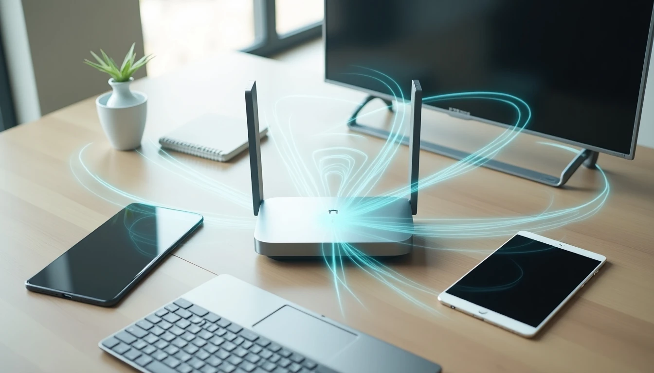 Router moderno con flujos de datos representando una conexión a internet rápida y estable para múltiples dispositivos en el hogar.