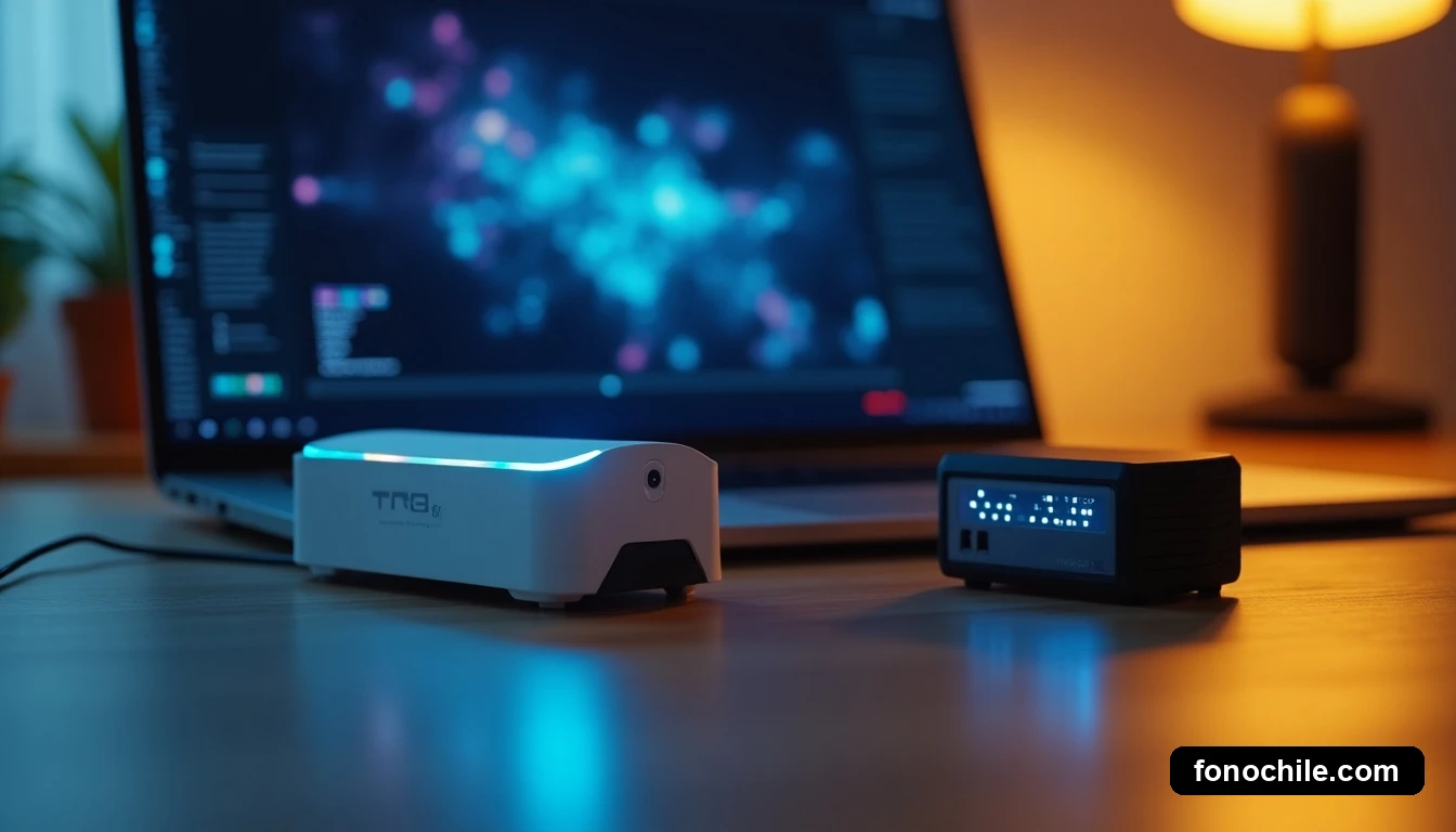 Dispositivos de red modernos, incluyendo un módem de fibra óptica, vistos desde un ángulo bajo sobre una mesa de madera, con luces LED indicadoras y una pantalla de portátil con interfaz genérica al fondo.