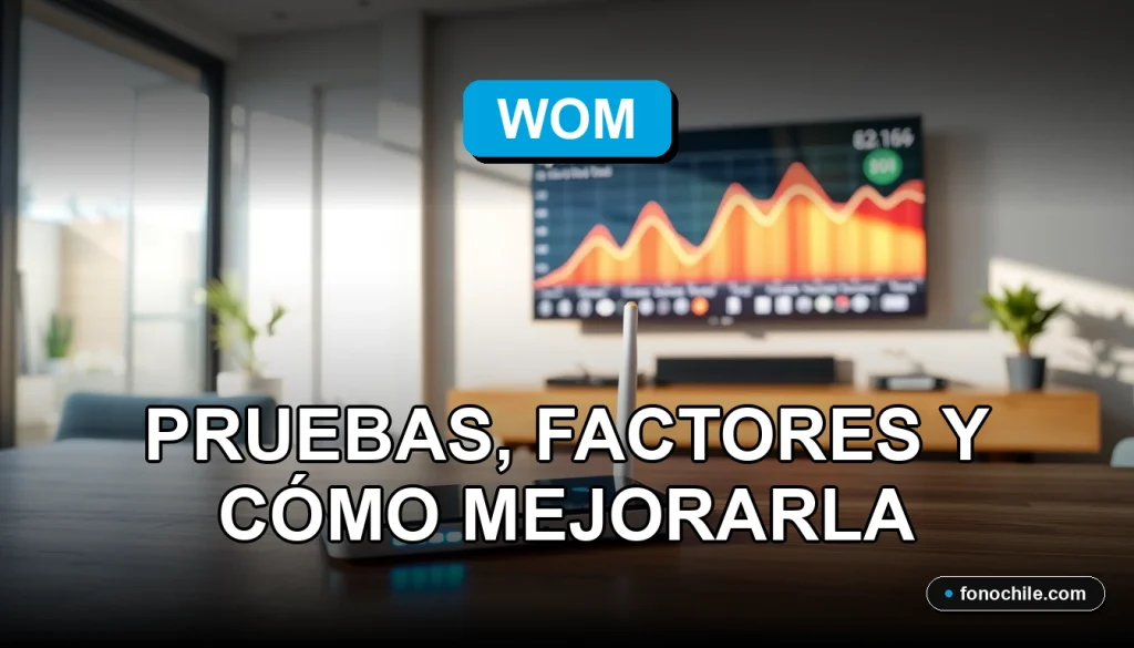 Prueba de velocidad de internet WOM 2026 en un entorno doméstico moderno con gráficos abstractos en pantalla.