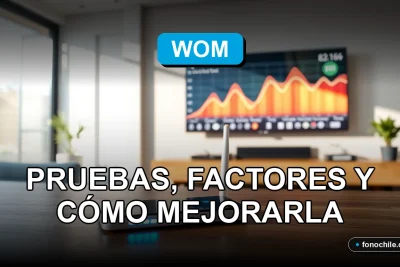 Prueba de velocidad de internet WOM 2026 en un entorno doméstico moderno con gráficos abstractos en pantalla.