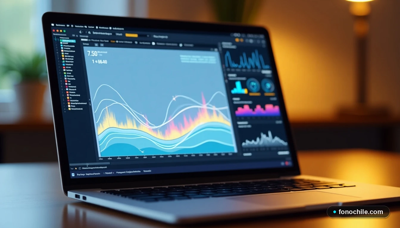 Gráficos abstractos de velocidad de internet y datos de transmisión en una pantalla de computador