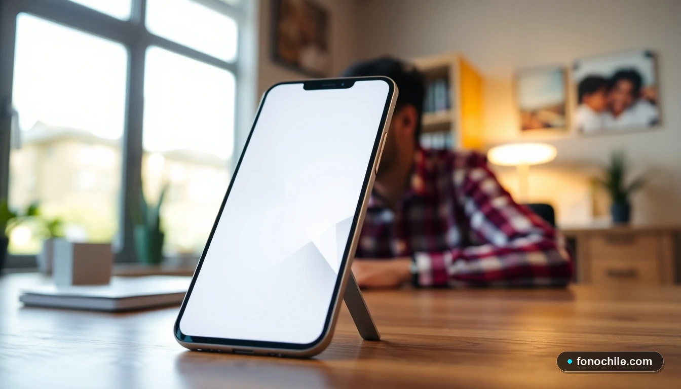 Smartphone moderno mostrando un patrón abstracto en su pantalla, herramienta de verificación IMEI en Chile para seguridad móvil.