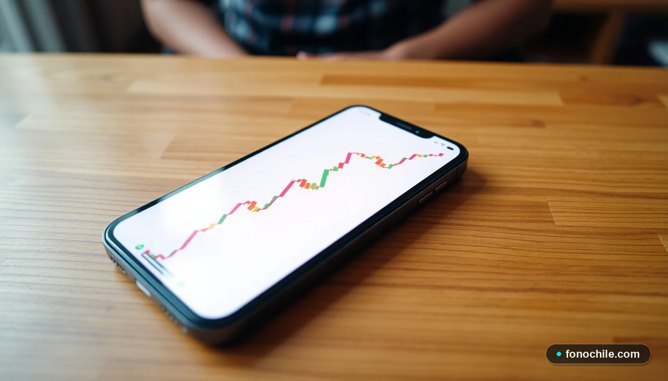 Gráfico abstracto de colores mostrando la verificación de seguridad IMEI en un teléfono inteligente sobre una mesa de madera.
