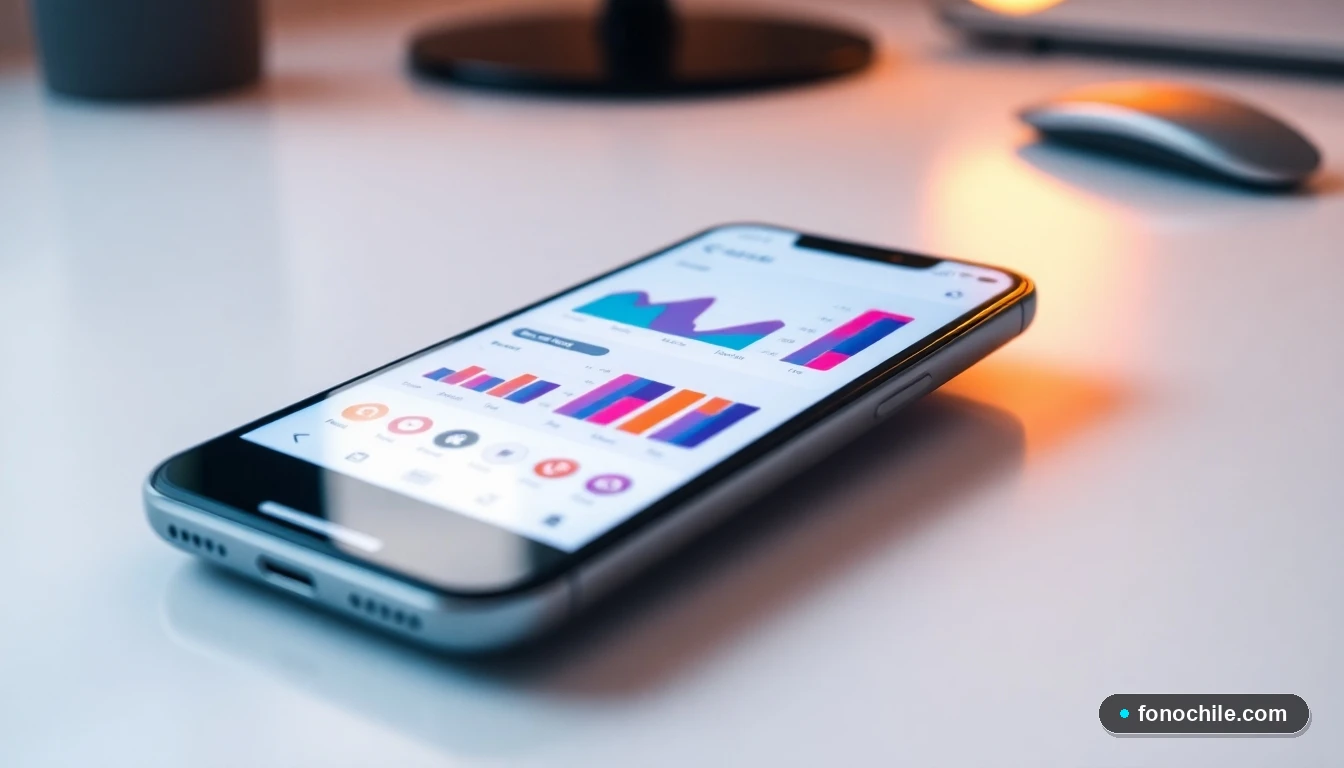 Un teléfono inteligente moderno sobre una mesa, mostrando una interfaz genérica con gráficos de colores, representando el soporte técnico accesible de Vida Tres.