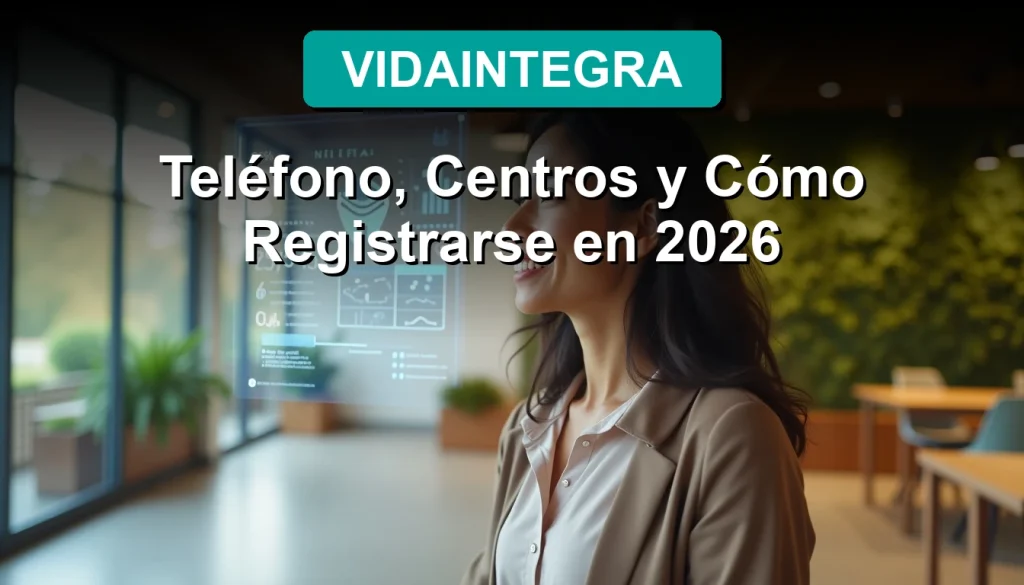 A person smiling confidently while looking at a sleek, translucent VidaIntegra interface hologram, displayed in a modern, sunlit community center.