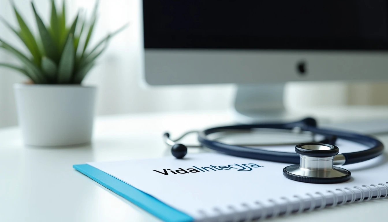 Escritorio moderno y profesional de VidaIntegra con elementos de consulta médica.