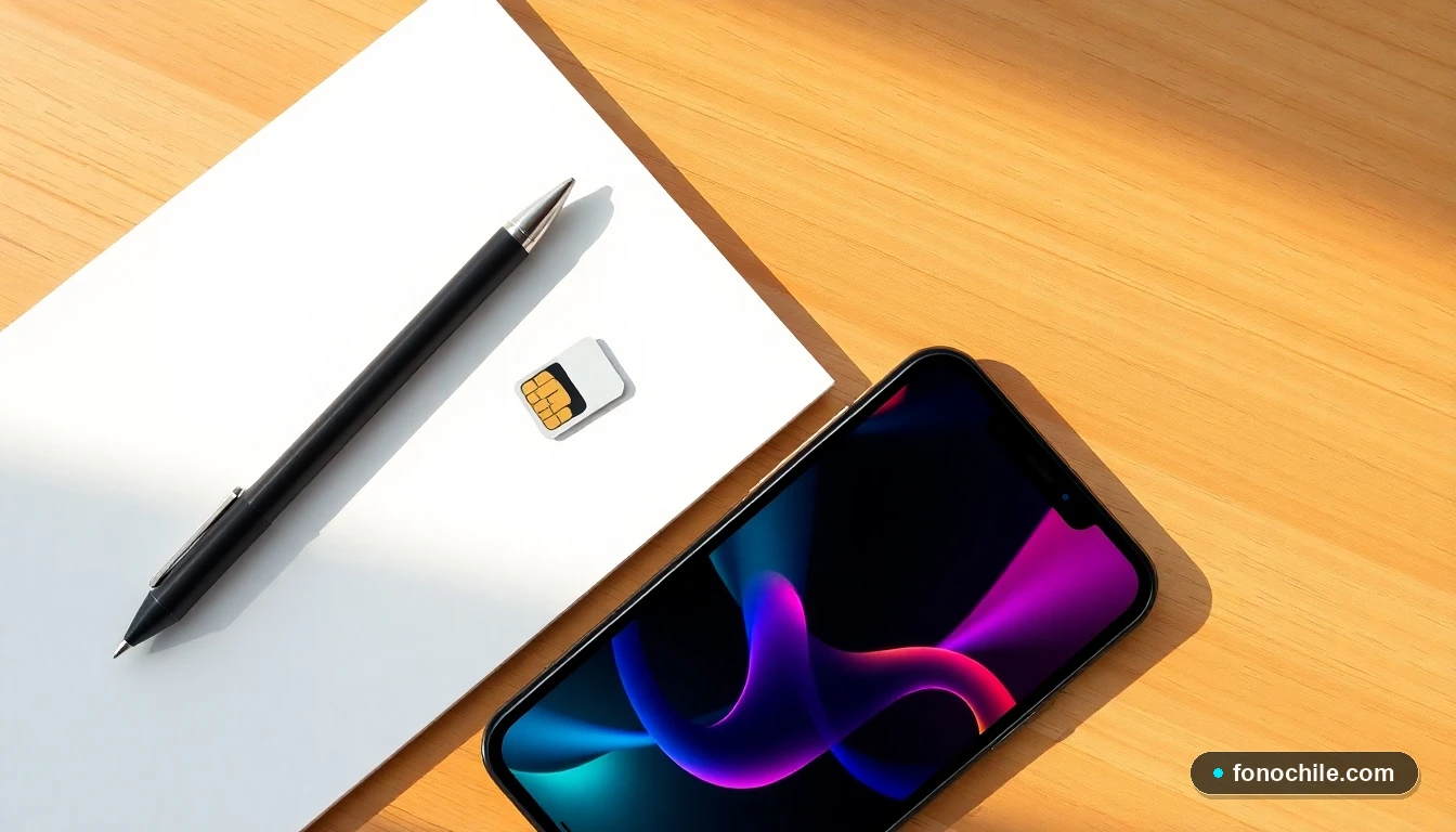 Vista aérea de un teléfono, una tarjeta SIM y elementos de oficina sobre una mesa, mostrando una interfaz de usuario genérica con gráficos de datos.