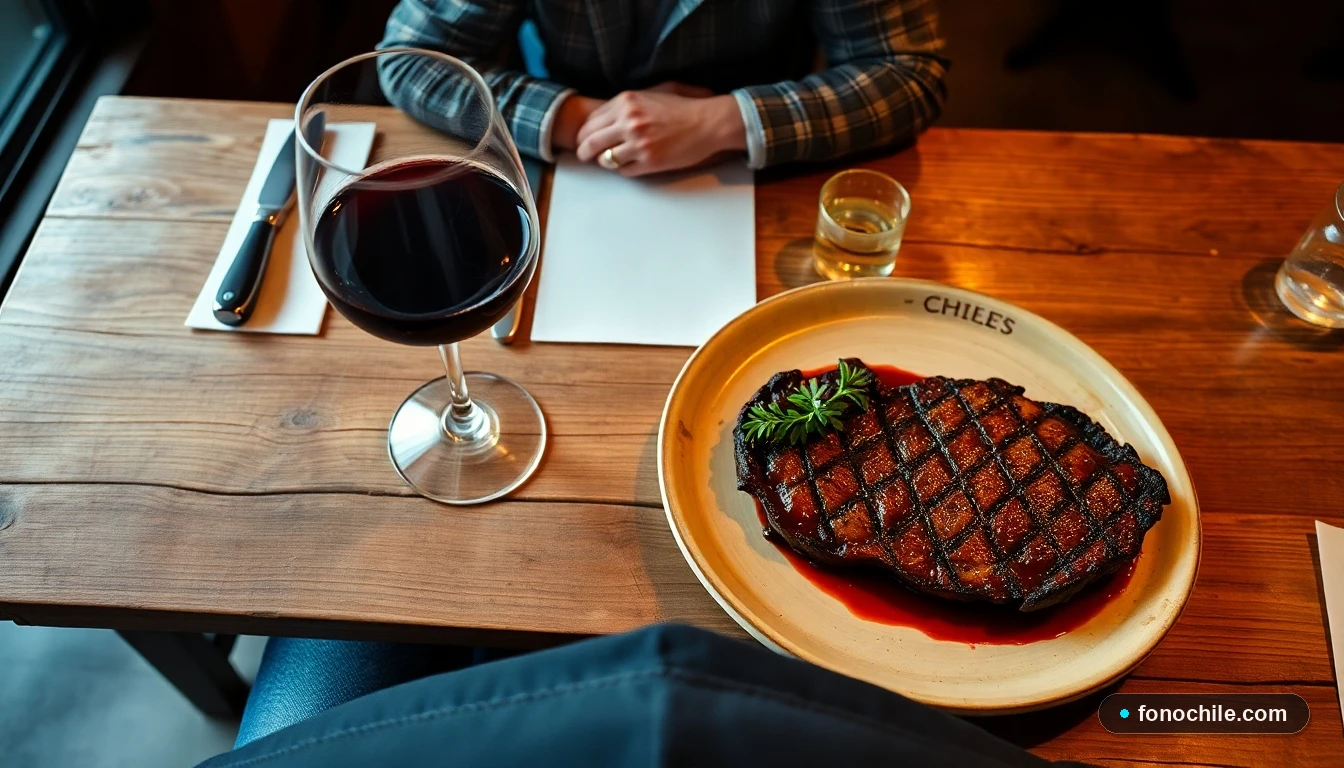 Copa de vino tinto del Valle del Cachapoal junto a un plato principal en un restaurante con ambiente acogedor.