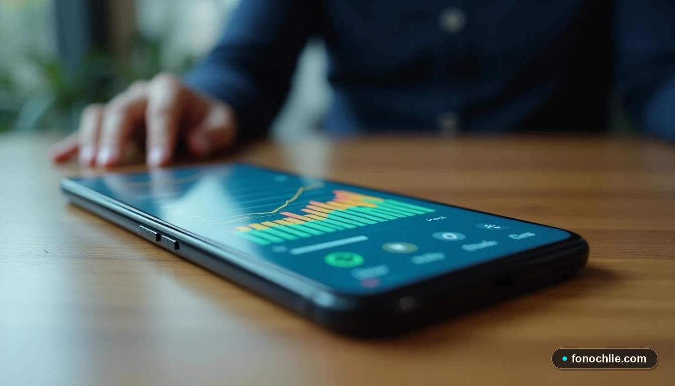 Smartphone mostrando visualización abstracta de datos ilimitados para redes sociales en un entorno doméstico.